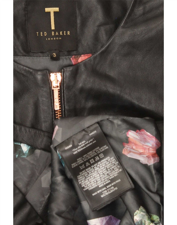 Ted Baker Damen Crop 3/4 Ärmel Lederjacke Größe 3 Medium Schwarz