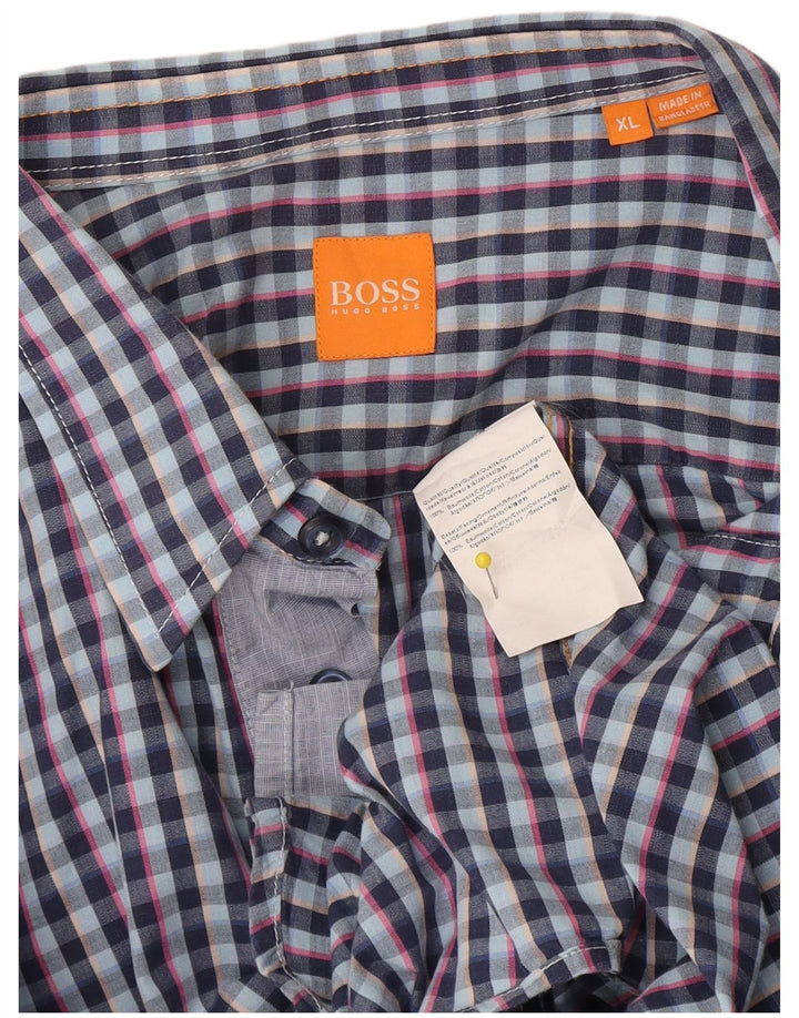 Hugo Boss Herrenhemd XL blau kariert Baumwolle