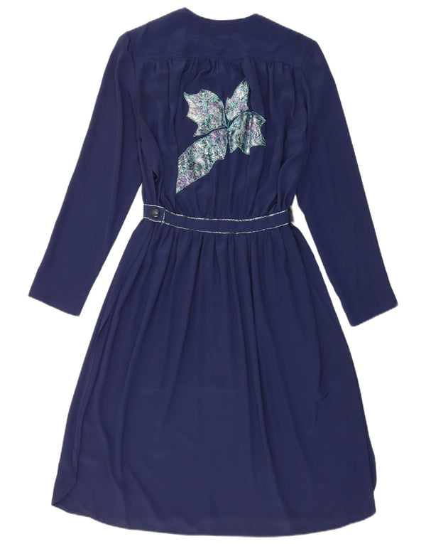 Vintage Damen Grafisches Langarm-A-Linien-Kleid UK 14 Medium Navy Blue