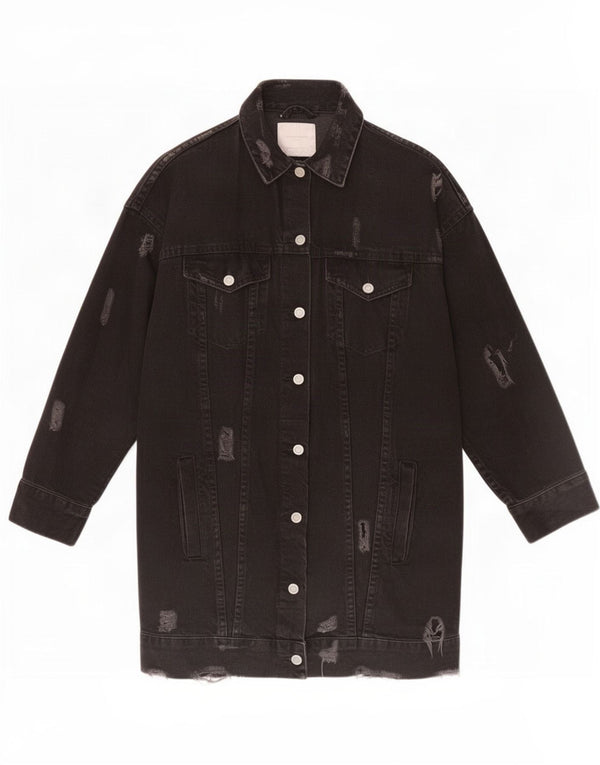 Zara Damen Trafaluc Distressed Denim Coat UK 10 Small Schwarze Baumwolle