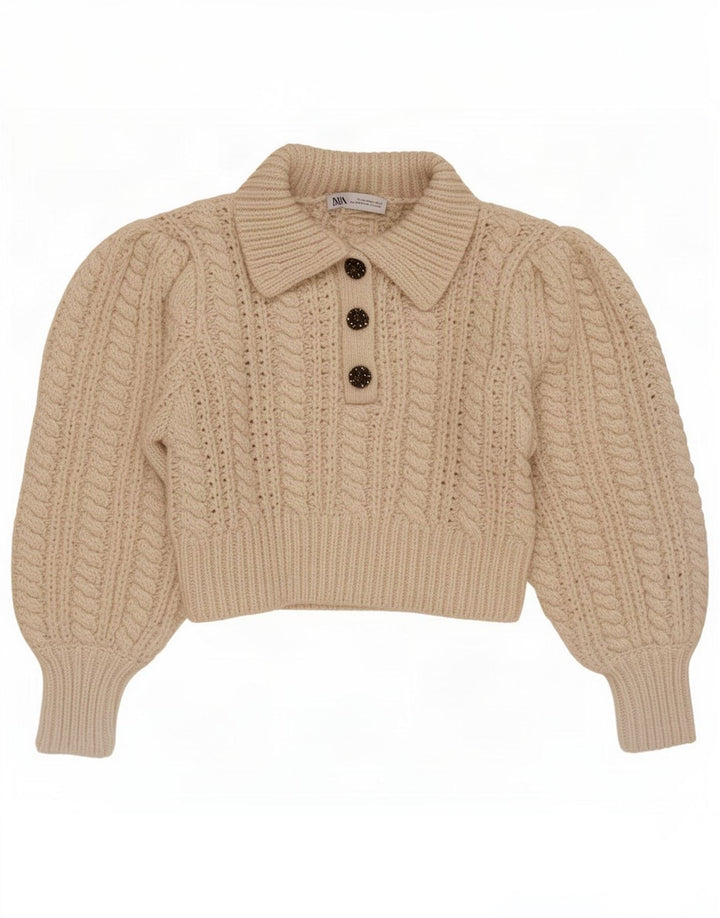 Zara Damen Crop Polo Neck Pullover Pullover UK 14 Medium Beige Polyester