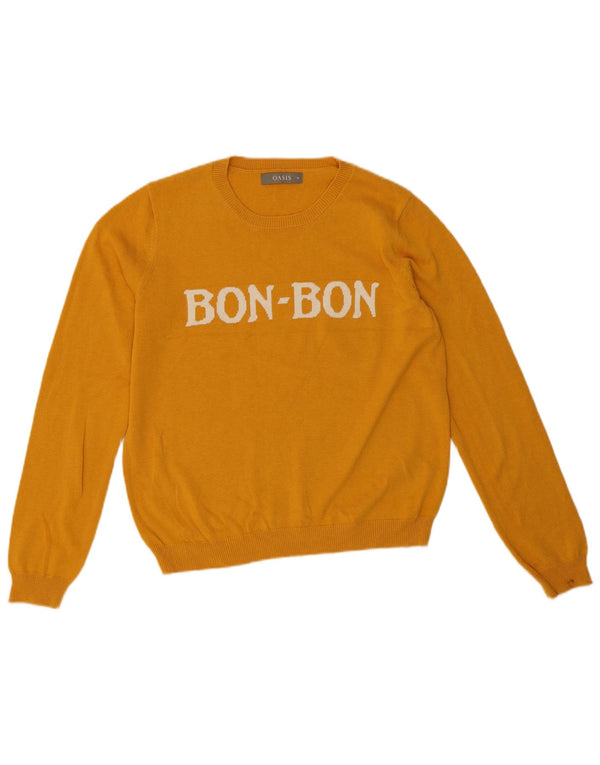 Oasis Damen-Pullover mit grafischem Rundhalsausschnitt, UK 14, mittelgelbe Baumwolle