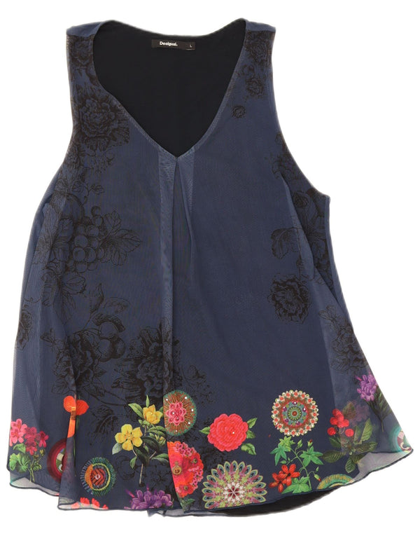 Desigual Damen ärmelloses Blusenoberteil UK 14 Large Marineblau mit Blumenmuster