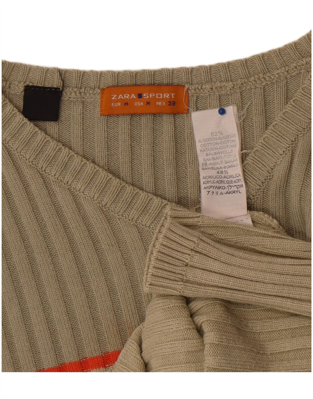 Zara Herren-Pullover mit V-Ausschnitt, mittelbeigefarbene Blockfarben-Baumwolle