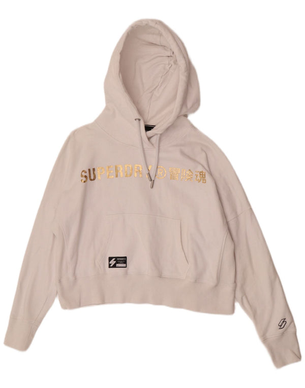 Superdry Damen-Kapuzenpullover mit Grafik, übergroß, UK 14, Größe L, weiße Baumwolle