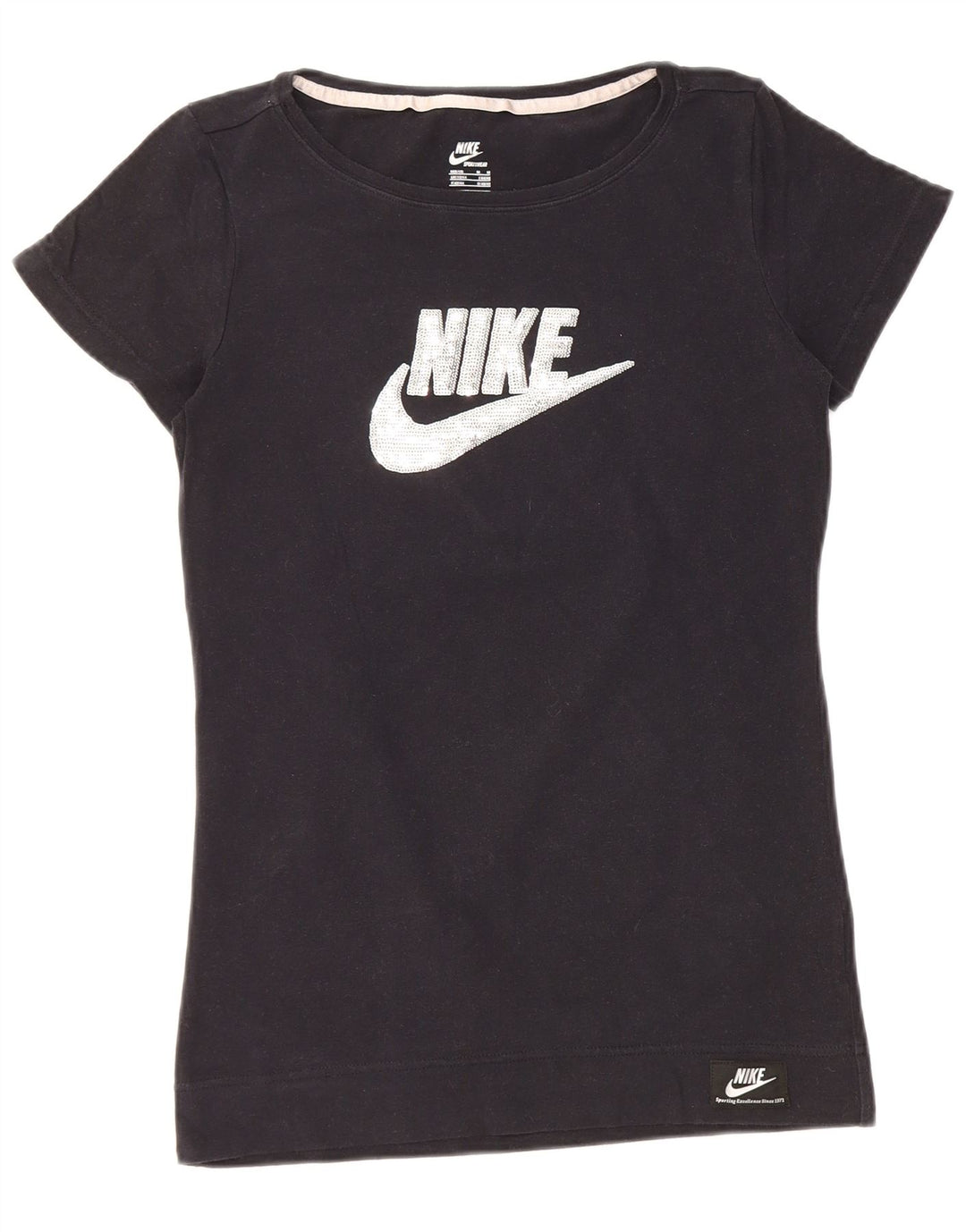NIKE Damen Graphic T-Shirt Top UK 12/14 Medium Schwarz