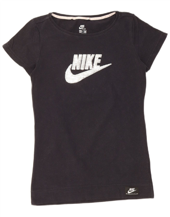 NIKE Damen Graphic T-Shirt Top UK 12/14 Medium Schwarz