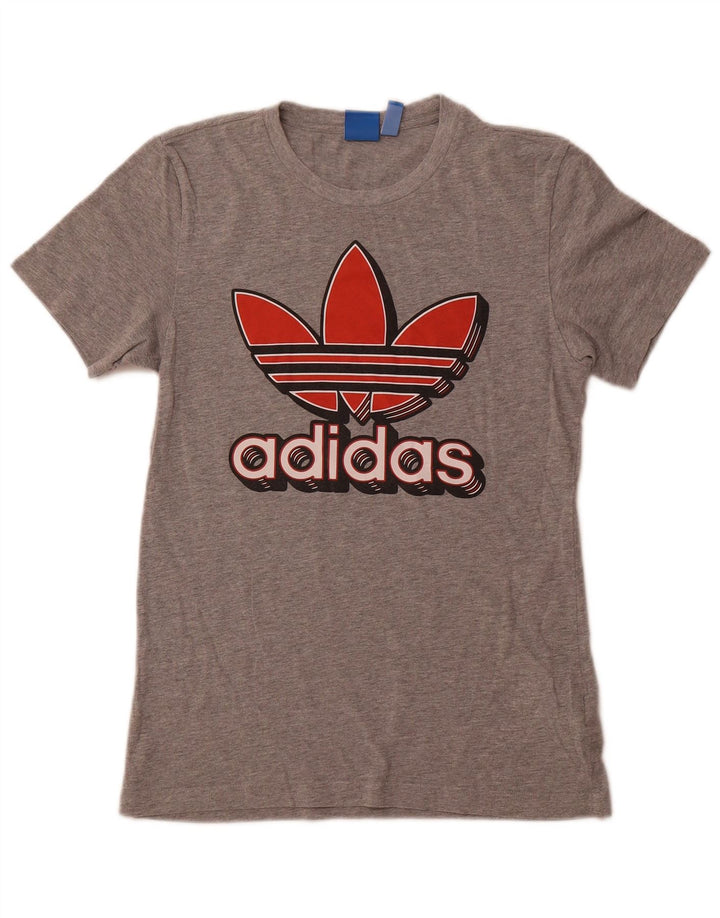 ADIDAS Damen Grafik T-Shirt Top UK 10 Small Grau gefleckte Baumwolle