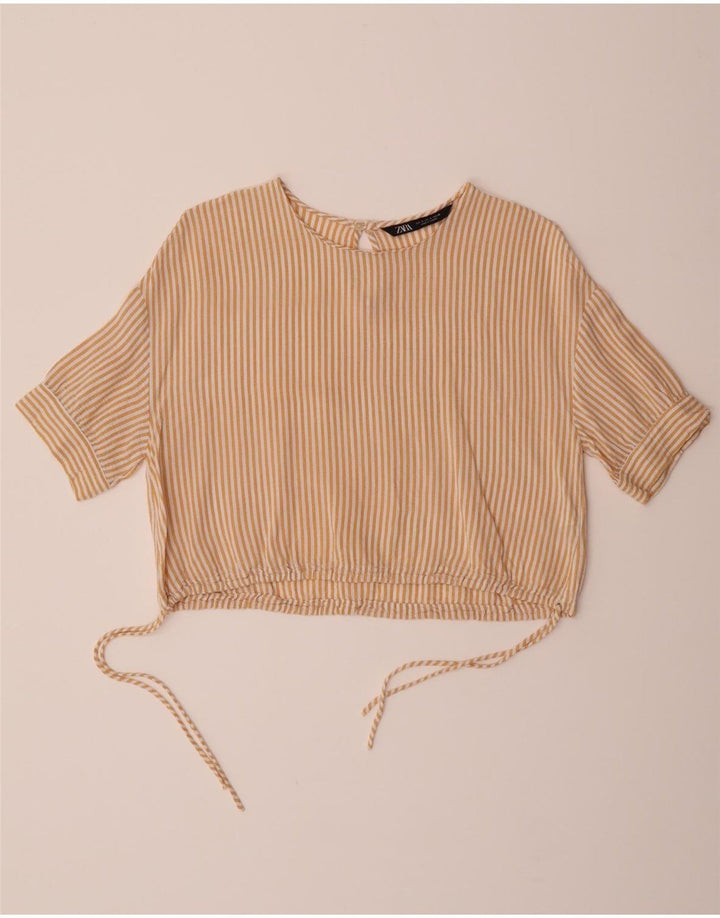 ZARA Womens Crop Blouse Top UK 10 Small Beige Striped Viscose Vintage Zara and Second-Hand Zara from Messina Hembry 