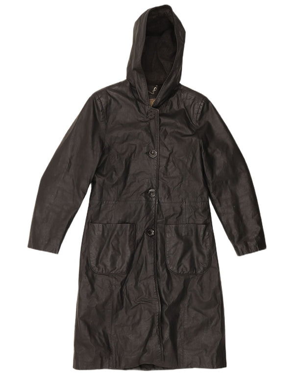 Vintage Damen Ledermantel mit Kapuze IT 44 Mittelschwarzes Leder