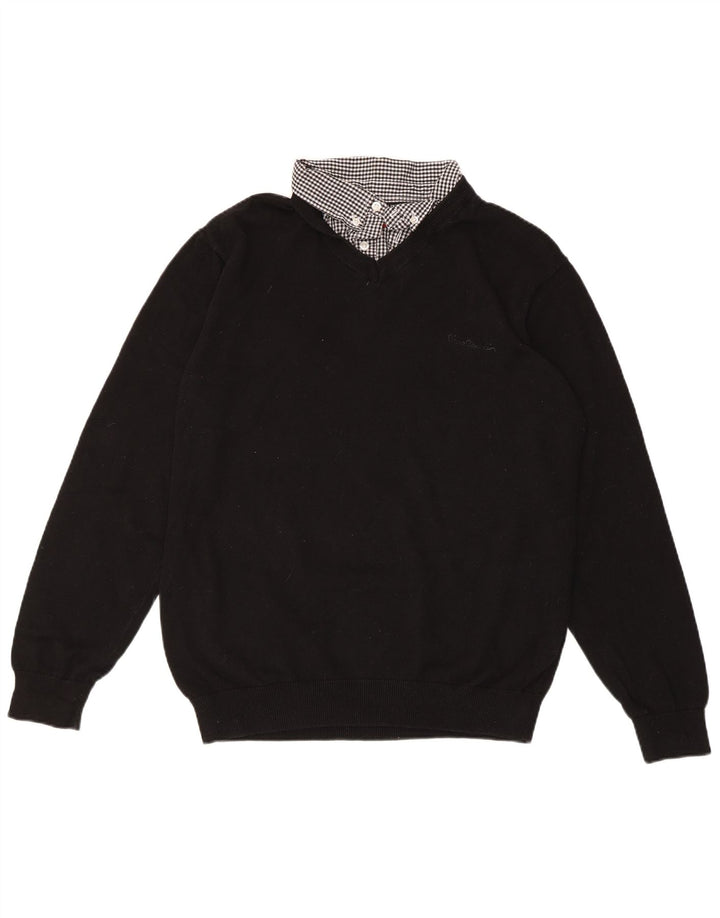 PIERRE CARDIN Damen Pullover mit V-Ausschnitt UK 18 XL Schwarz karierte Baumwolle