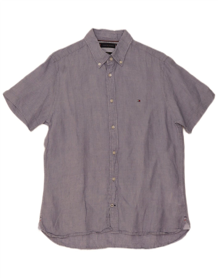 TOMMY HILFIGER Herren Kurzarm-Hemd mit normaler Passform Mittelblaues Leinen