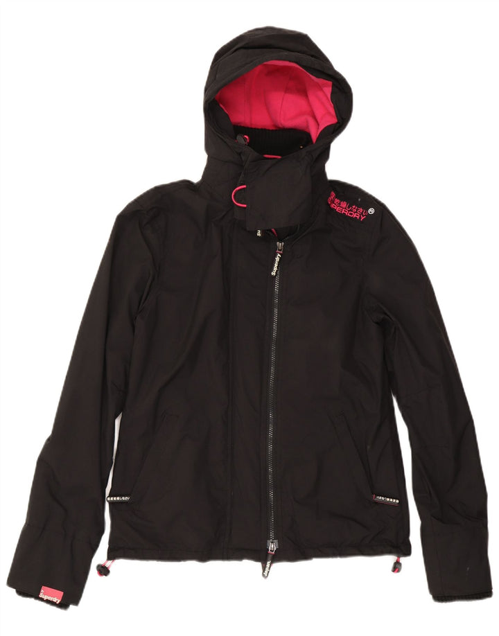 Superdry Damen-Windbreakerjacke mit Kapuze, UK 10, Größe S, schwarzes Nylon