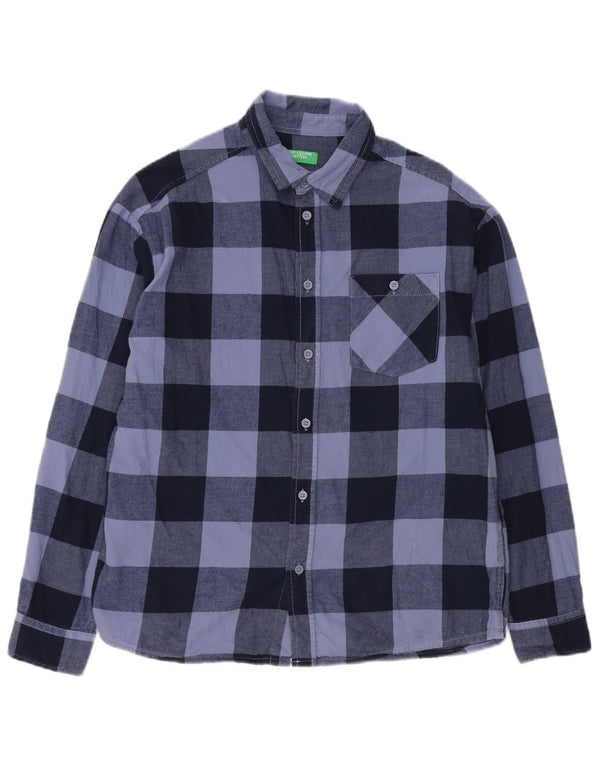 Benetton Jungen-Flanellhemd, 13–14 Jahre, 3XL, blaues Gingham-Baumwolle