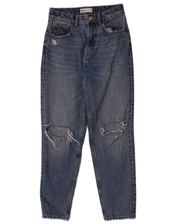 Zara Damen Distressed Tapered Jeans EU 36 XS W26 L27 Blaue Baumwolle