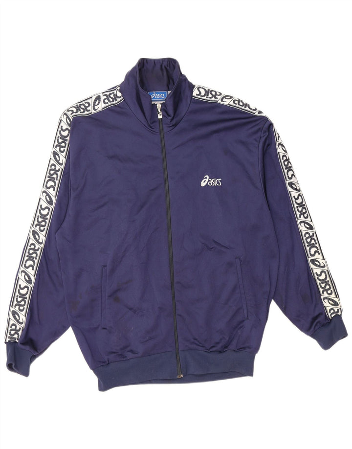 Asics Herren-Trainingsanzug mit grafischem Oberteil, mittleres Marineblau, Farbblock-Sport