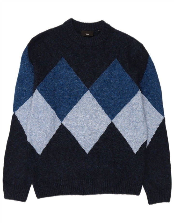 C & A Herren-Pullover mit Rundhalsausschnitt, Größe S, Marineblau mit Argyle-Muster/Diamantmuster