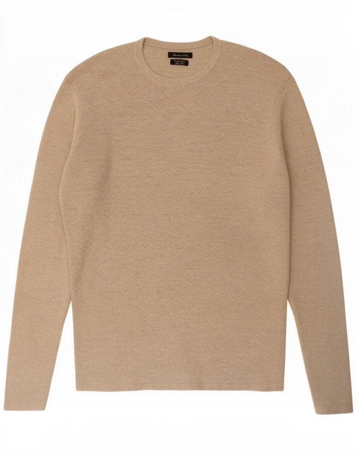 Massimo Dutti Herren-Pullover mit Rundhalsausschnitt, mittelbeige Baumwolle