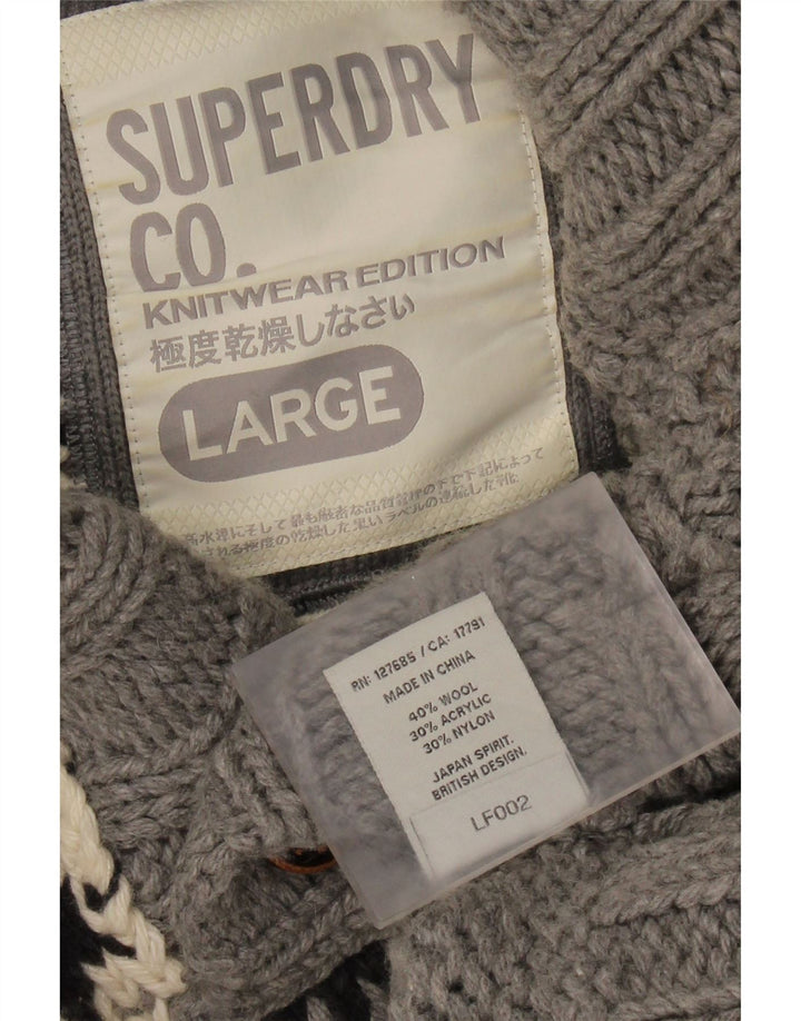 SUPERDRY Herren-Pullover mit Knopfkragen, groß, graue Fair-Isle-Wolle
