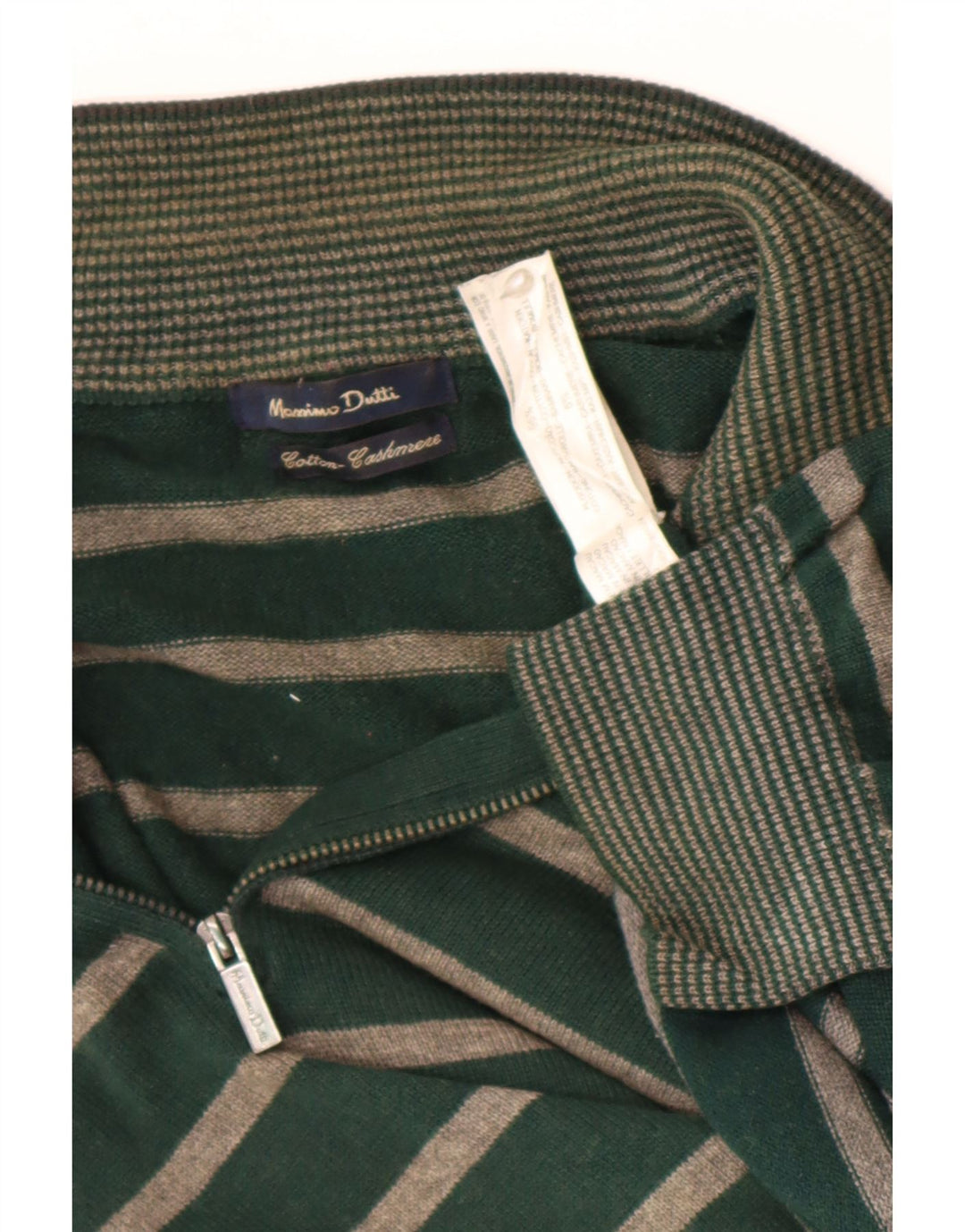 Massimo Dutti Herren-Pullover mit Reißverschluss am Hals, groß, grün gestreift, Baumwolle