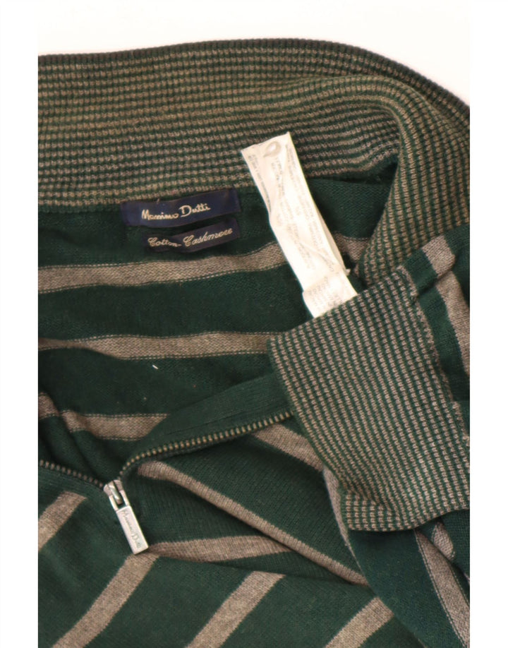 Massimo Dutti Herren-Pullover mit Reißverschluss am Hals, groß, grün gestreift, Baumwolle