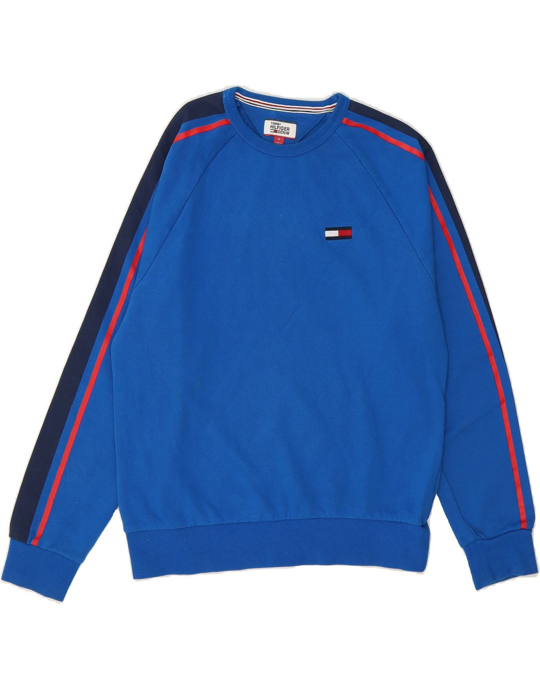 TOMMY HILFIGER Mens Graphic Sweatshirt Jumper Medium Blue Colourblock Vintage Tommy Hilfiger and Second-Hand Tommy Hilfiger from Messina Hembry 