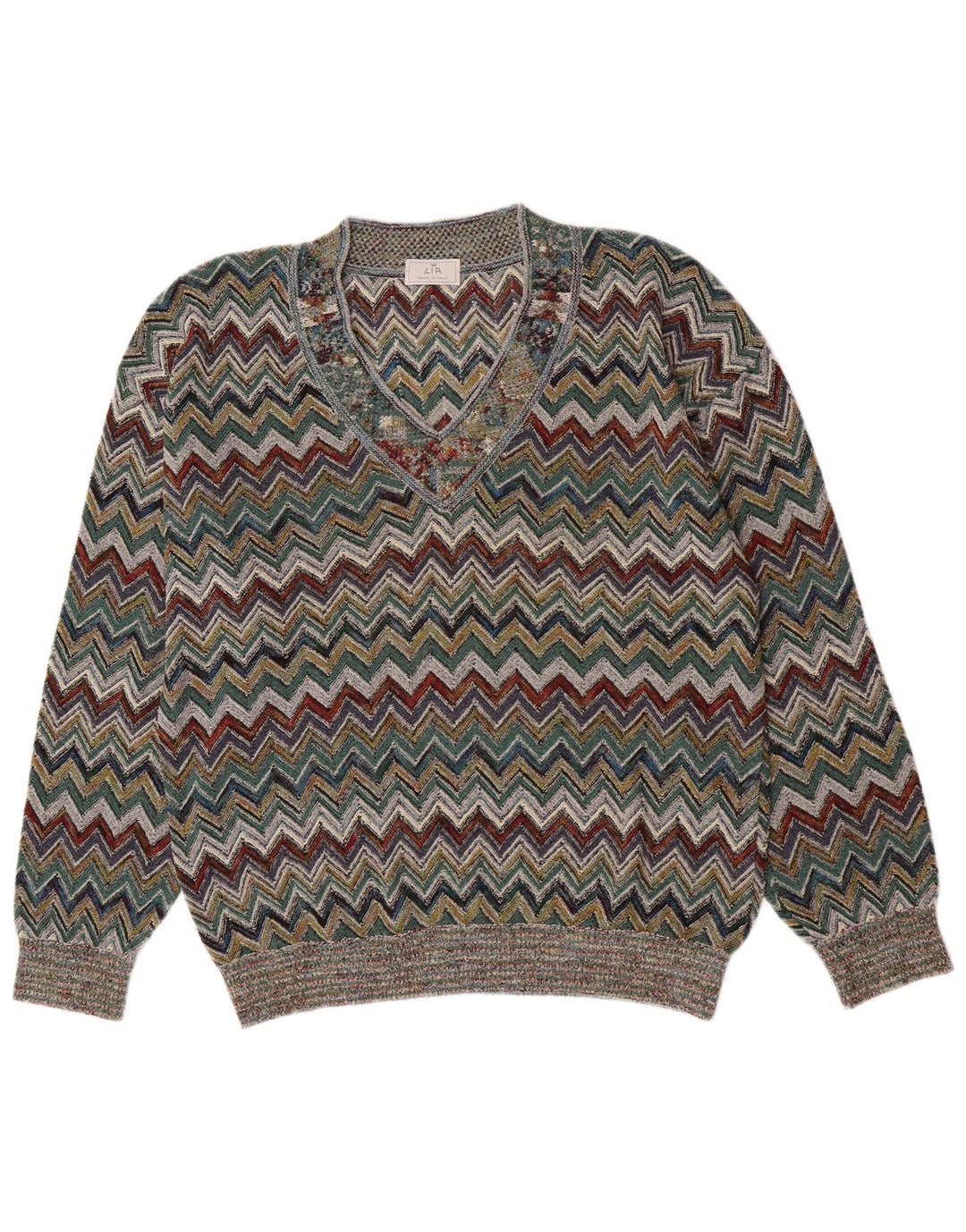 Vintage Herren Pullover mit V-Ausschnitt, groß, mehrfarbig, Chevron-Acryl