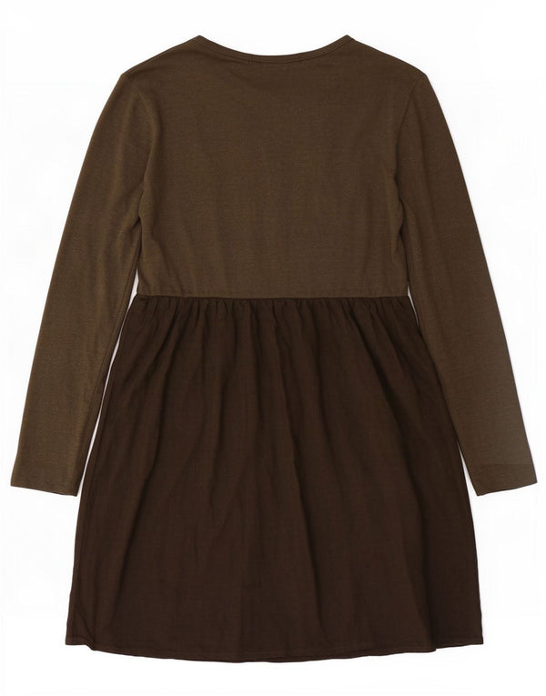 Benetton Damen Langarm-Basic-Kleid UK 10 Small Khaki Colourblock