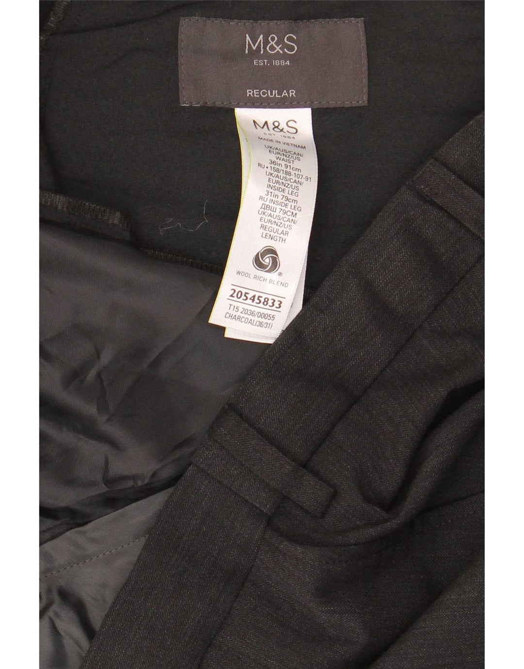 Marks & Spencer Herren-Anzughose in normaler Passform, W36, L31, graue Wolle