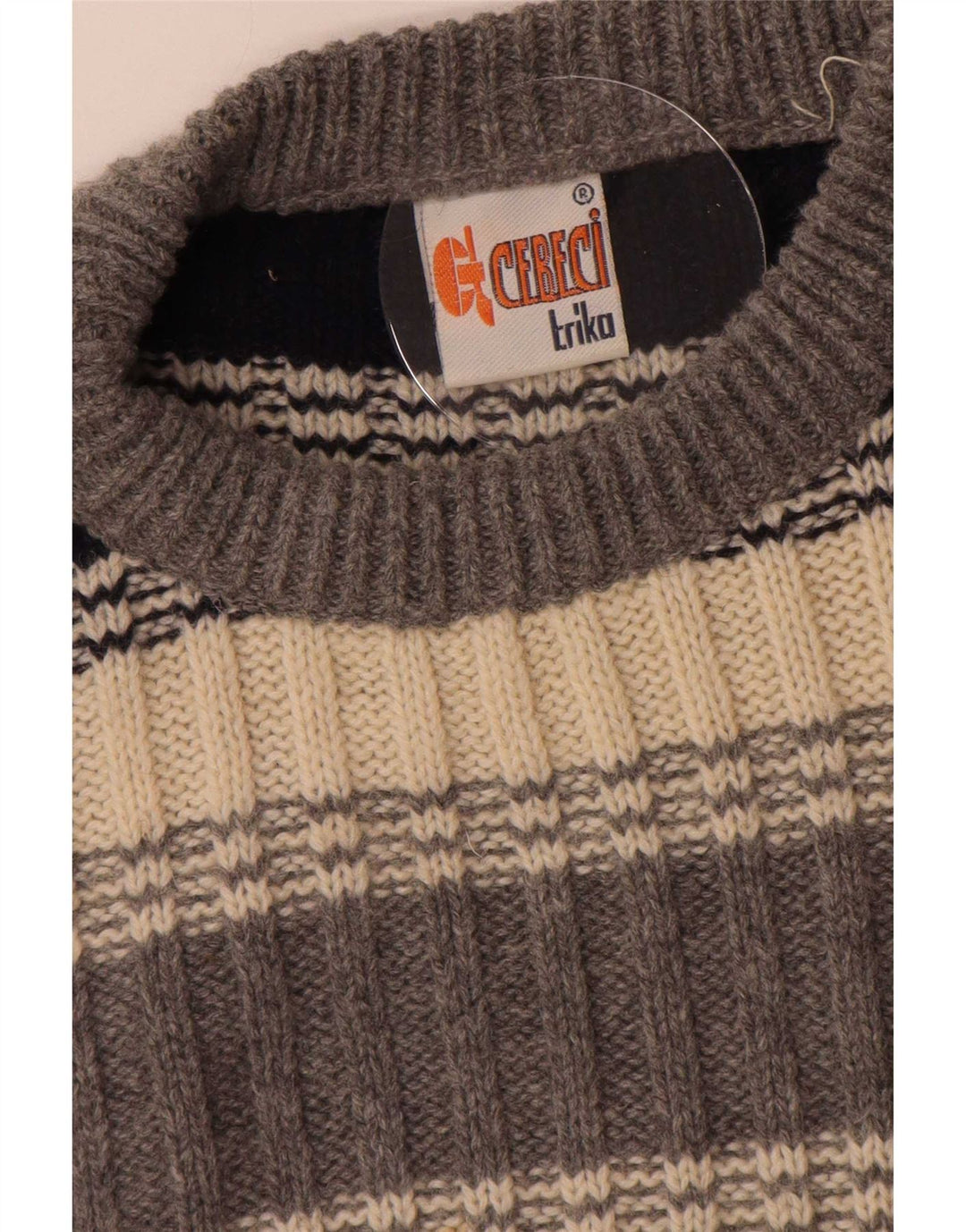 Vintage Herren Pullover mit Rundhalsausschnitt, groß, grau gestreift
