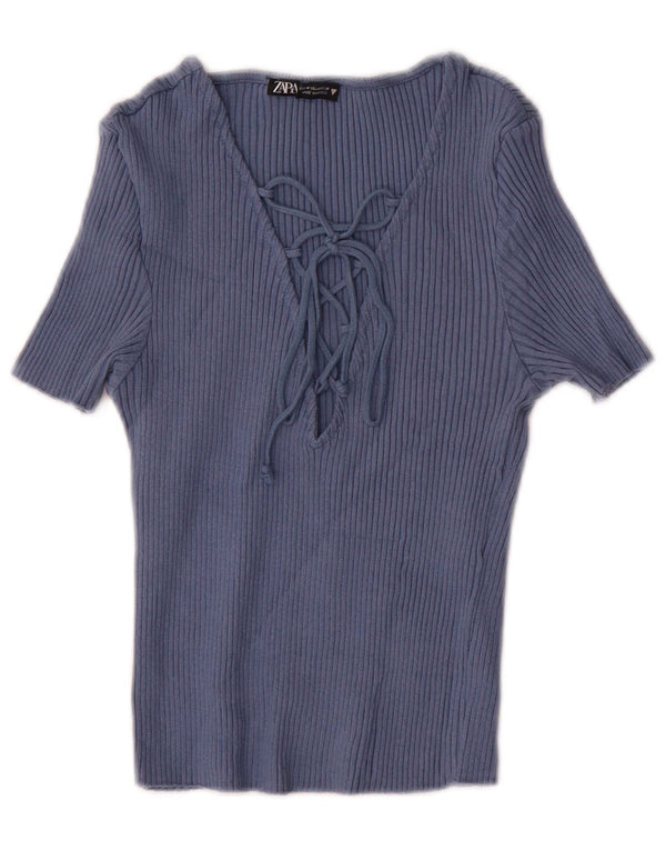 Zara Damen Crop Bluse Top UK 12 Medium Marineblau Baumwolle