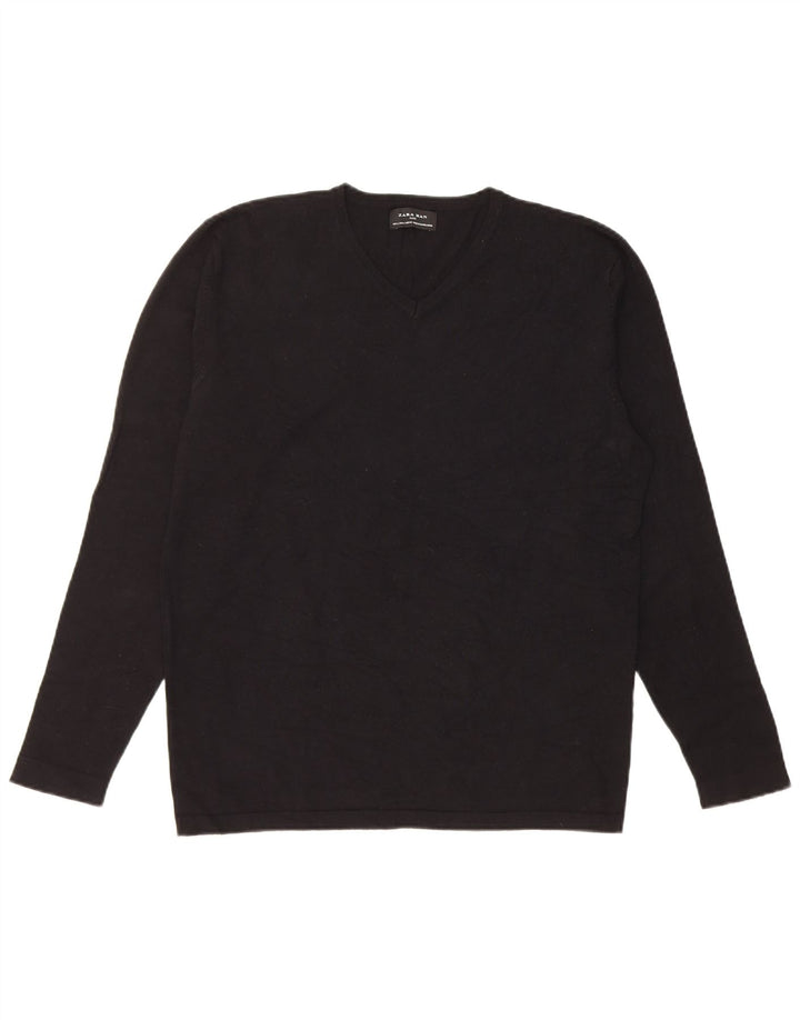 Zara Herren-Pullover mit V-Ausschnitt, groß, schwarze Viskose