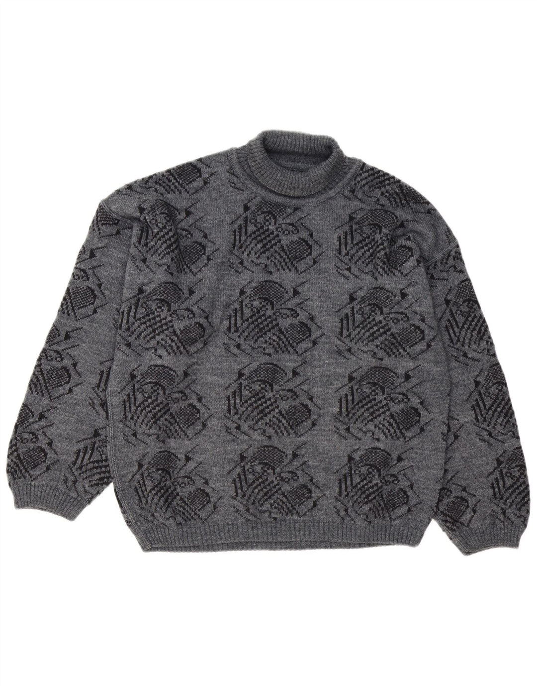 Vintage Herren Rollkragenpullover mit abstraktem Muster, groß, grau