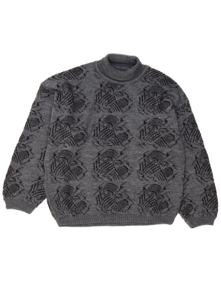 Vintage Herren Rollkragenpullover mit abstraktem Muster, groß, grau