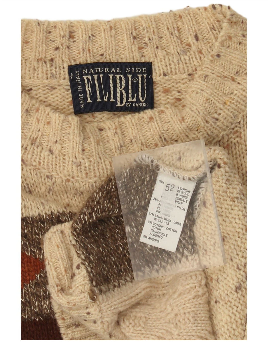 Baroni Herren-Pullover mit Rundhalsausschnitt, IT 52, große beige Fair-Isle-Wolle