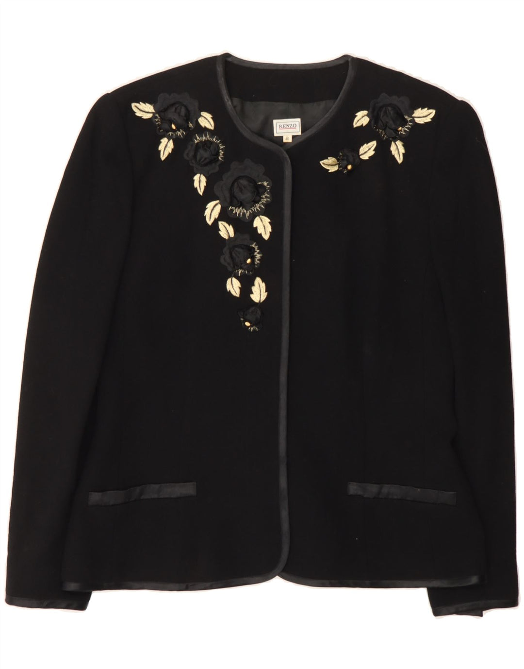 RENZO Womens Open Blazer Jacket IT 40 Small Black Floral Wool Vintage Renzo and Second-Hand Renzo from Messina Hembry 