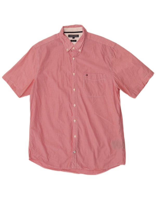 Tommy Hilfiger Herren-Hemd, kurzärmelig, normale Passform, XL, rot gestreift, Baumwolle