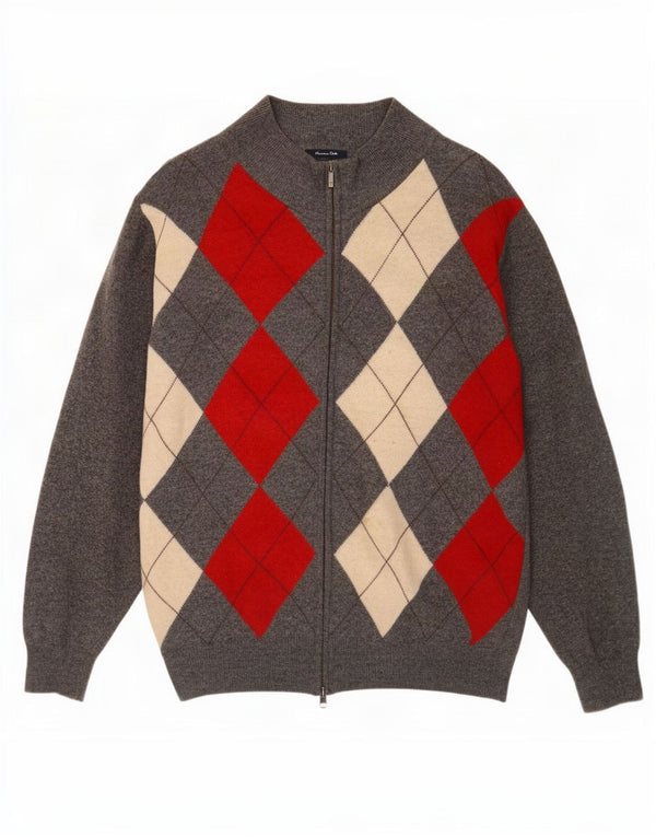 Massimo Dutti Herren-Pullover mit Reißverschluss am Hals, 2XL, graue Argyle-/Diamantwolle
