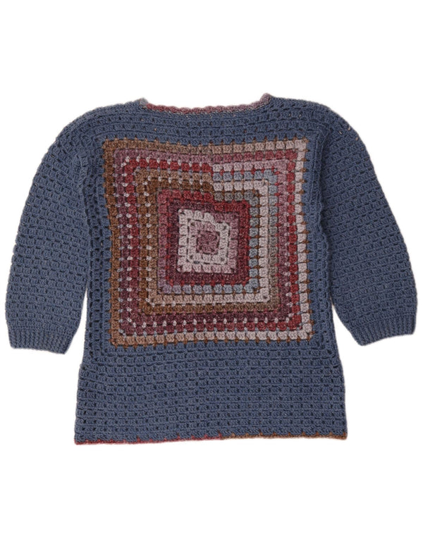 Vintage Damen Häkelpullover mit U-Boot-Ausschnitt, Gr. 14, groß, blau, geometrisch