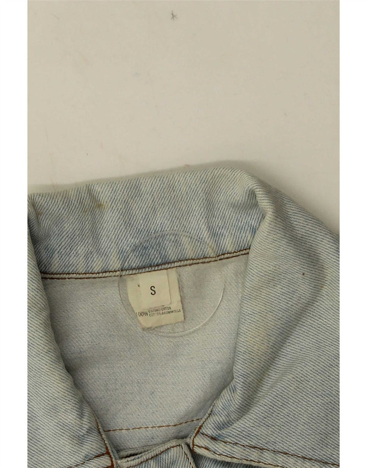 Vintage Damen Crop Graphic Jeansjacke UK 10 Small Blaue Baumwolle
