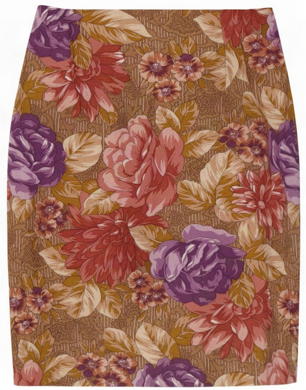 Vintage Damen Bleistiftrock IT 42 Medium W24 Braune Viskose mit Blumenmuster