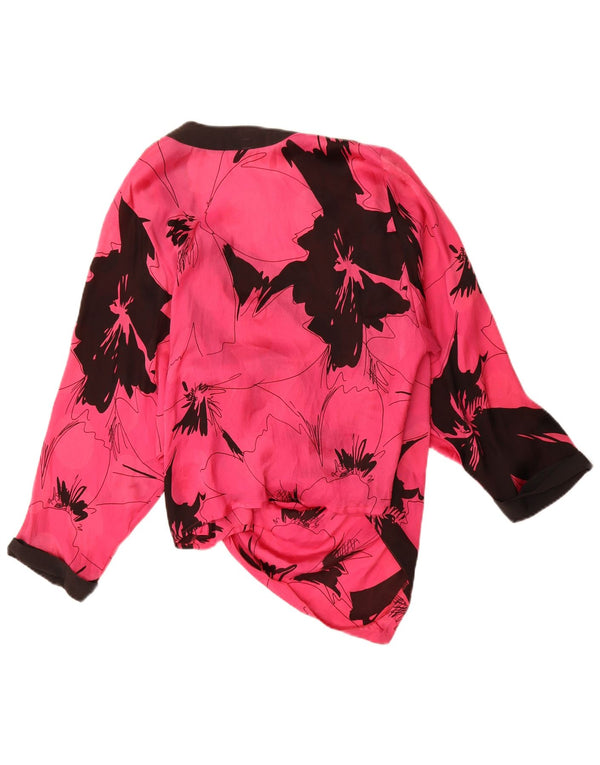 Vintage Damen Asymmetrische Hemdbluse UK 14 Großes rosa Blumenmuster