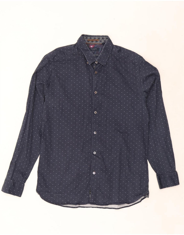Ted Baker Herren-Hemd mit abstraktem Muster, Größe 4, groß, marineblaue Baumwolle