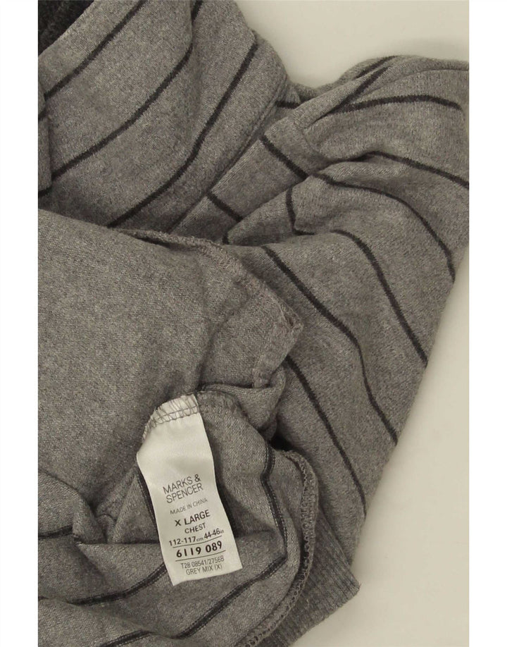Marks & Spencer Herren-Pullover mit Knopfkragen, XL, grau gestreift, Baumwolle