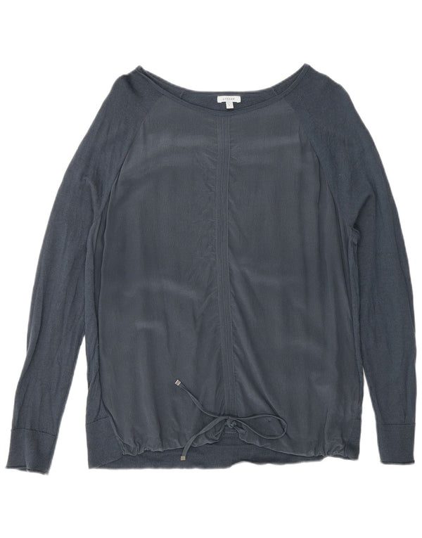 Jigsaw Womens Front Tie Top Langarm UK 16 Große Marineblaue Seide