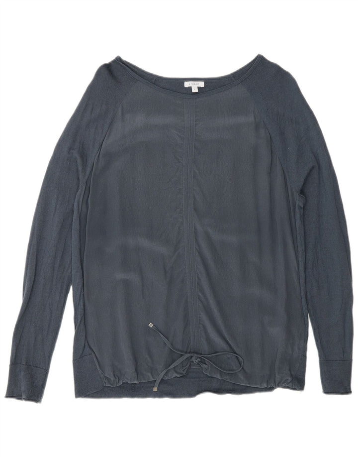 Jigsaw Womens Front Tie Top Langarm UK 16 Große Marineblaue Seide