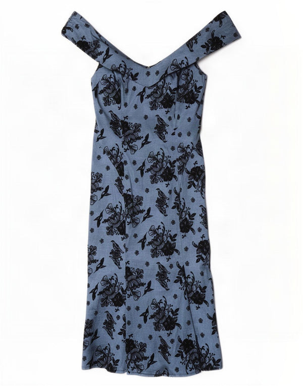 Voodoo Vixen Schulterfreies Damenkleid UK 12 Mittelblaues, geblümtes Nylon