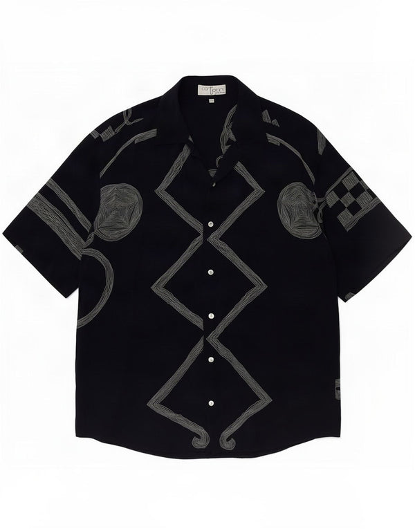 ICORTIGIANI Herren Kurzarmhemd IT 48 Medium Navy Blue Geometrisch