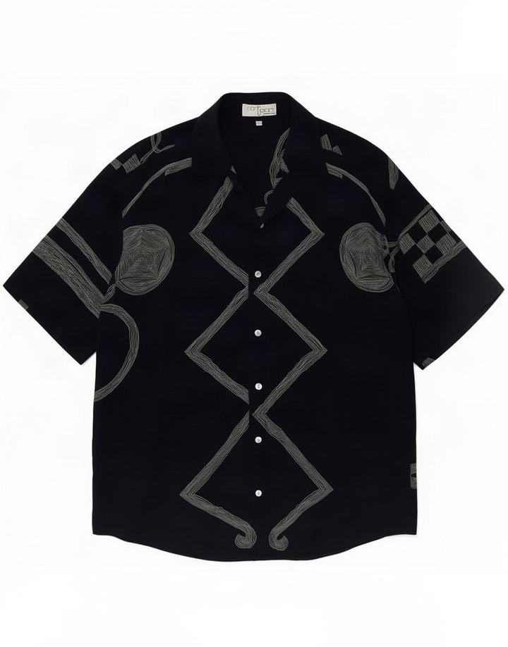 ICORTIGIANI Herren Kurzarmhemd IT 48 Medium Navy Blue Geometrisch