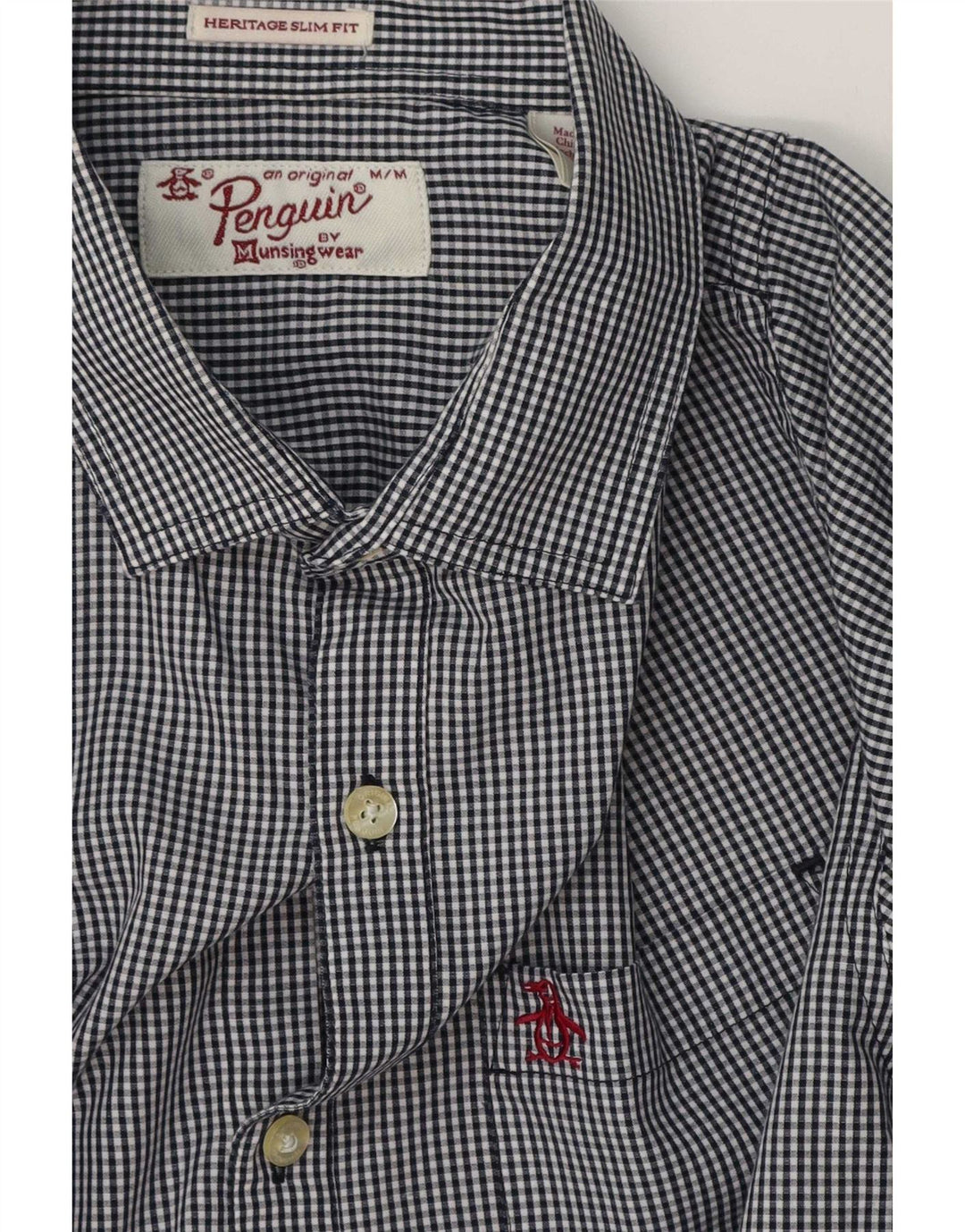Penguin Herren Heritage Slim Fit-Hemd aus mittelblauer Gingham-Baumwolle in Marineblau